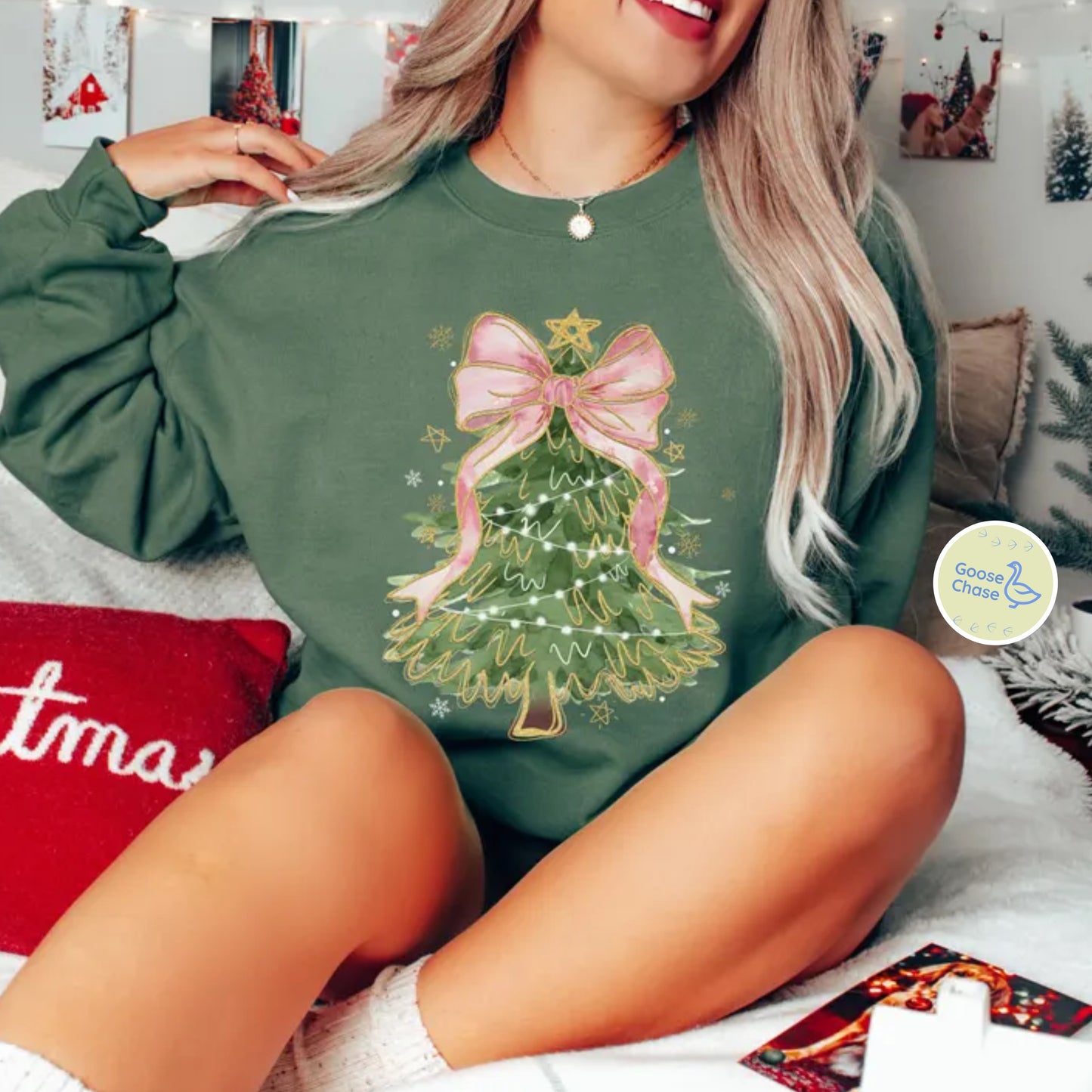 Christmas Tree Coquette Bow Crewneck