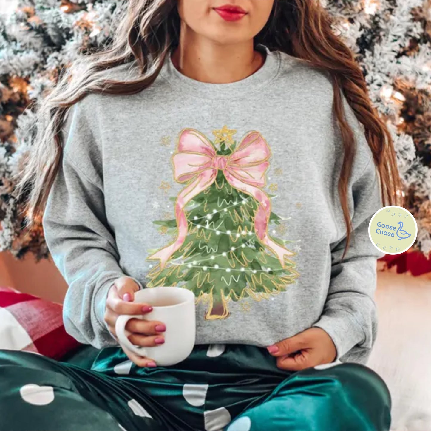Christmas Tree Coquette Bow Crewneck