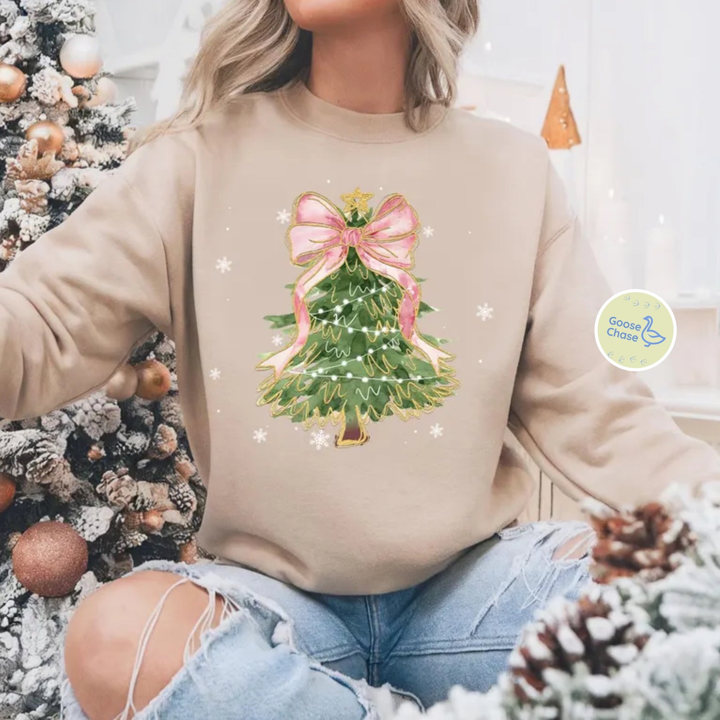 Christmas Tree Coquette Bow Crewneck