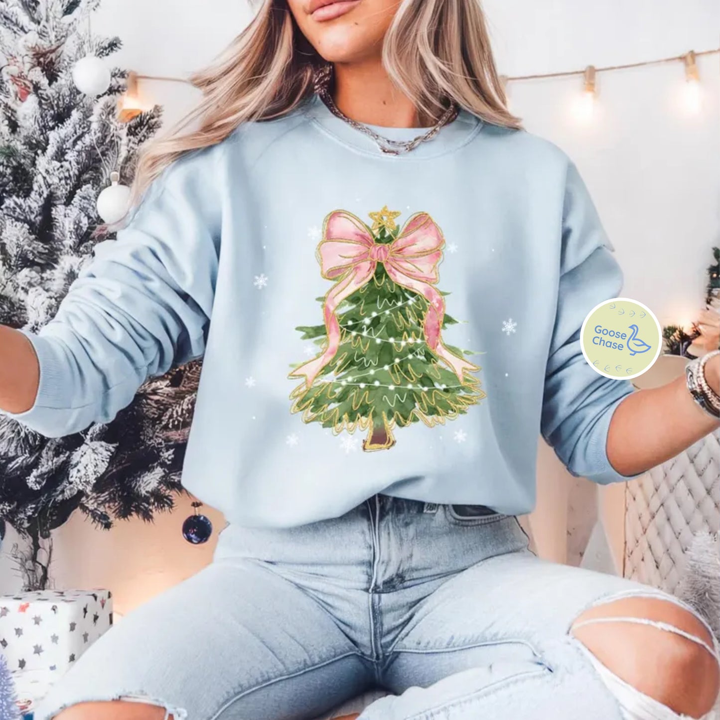 Christmas Tree Coquette Bow Crewneck
