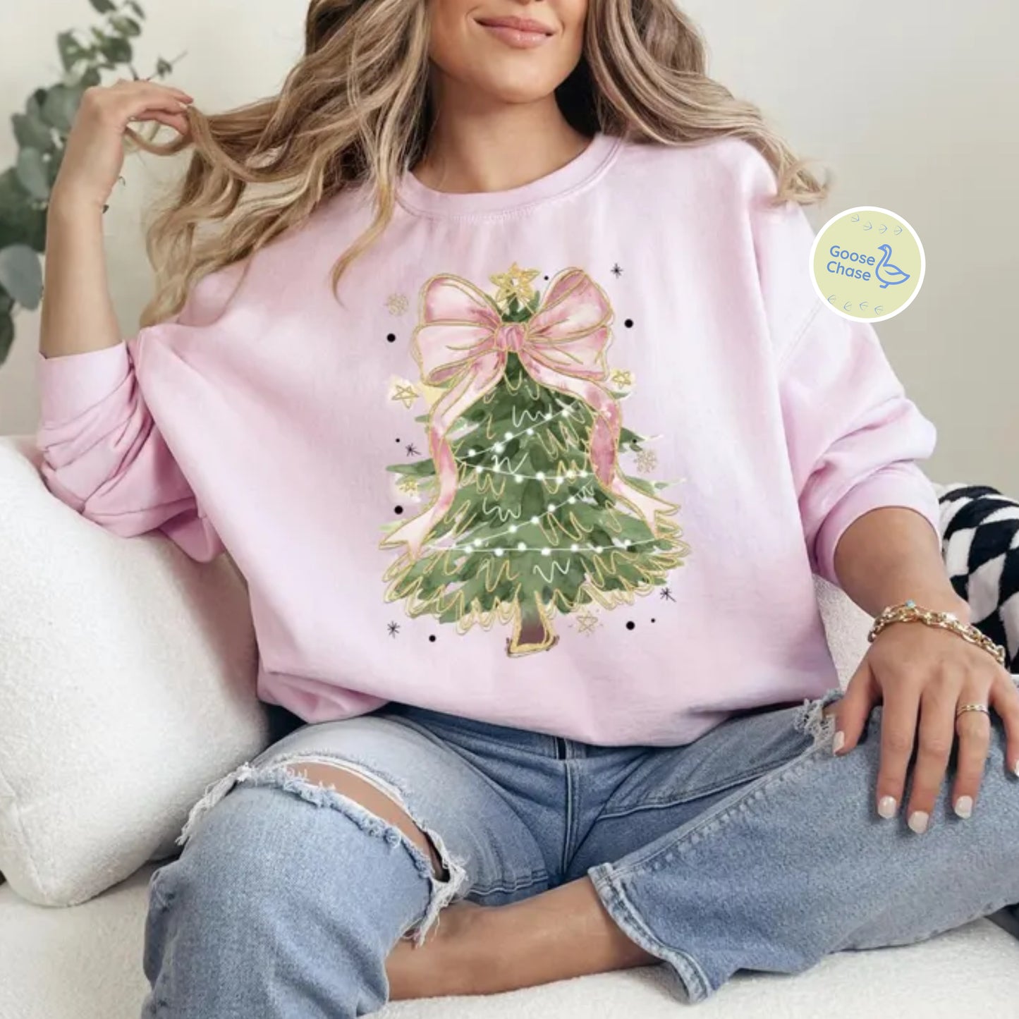 Christmas Tree Coquette Bow Crewneck