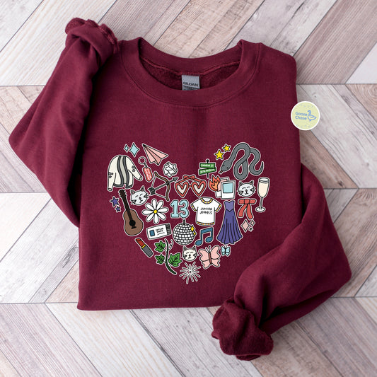 Heart-Shaped Taylor Swift Albums Fan Art Crewneck - Maroon