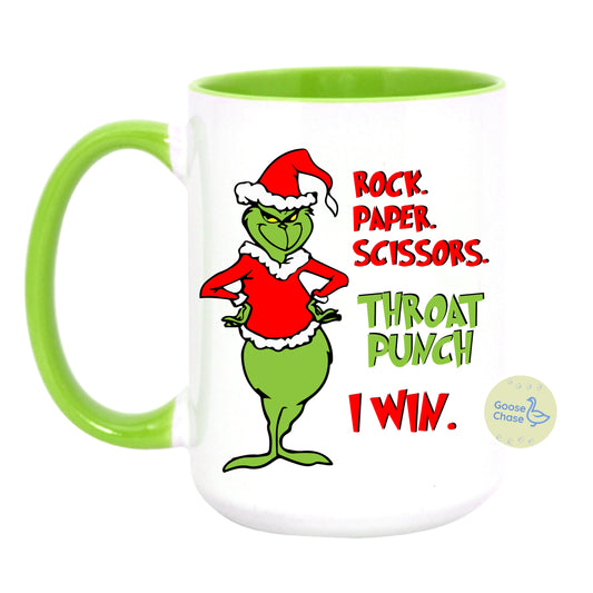 Rock Paper Scissors Throat Punch Grinch Mug